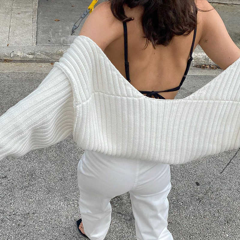 Tossy White Women Sweater Shrugs Cropped Top Full Lantern Sleeve Knitwear Pullover Sexy Summer High Street Outwear Spring 210914