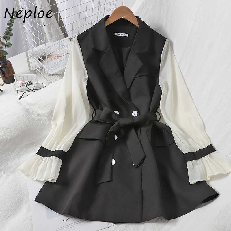Neploe Women Dress Autumn Fashion Patchwork Chiffon Long Sleeve Sashes Temperament Notched Collar Korean Gentleness Dresses 210630