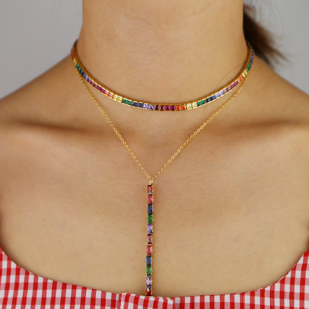 fashion jewelry colorful cz tennis chain choker Necklace Love Statement Girlfriend Gift Cute Gold rainbow Collier Femme jewels