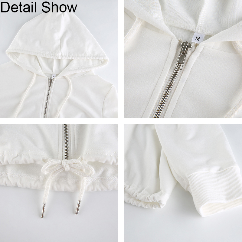 Casual White Sudaderas Hoodies Sweatshirt Crop Tops Women Autumn Drawstring Long Sleeve Harajuku Zip Up Basic Top Rapwriter 201202