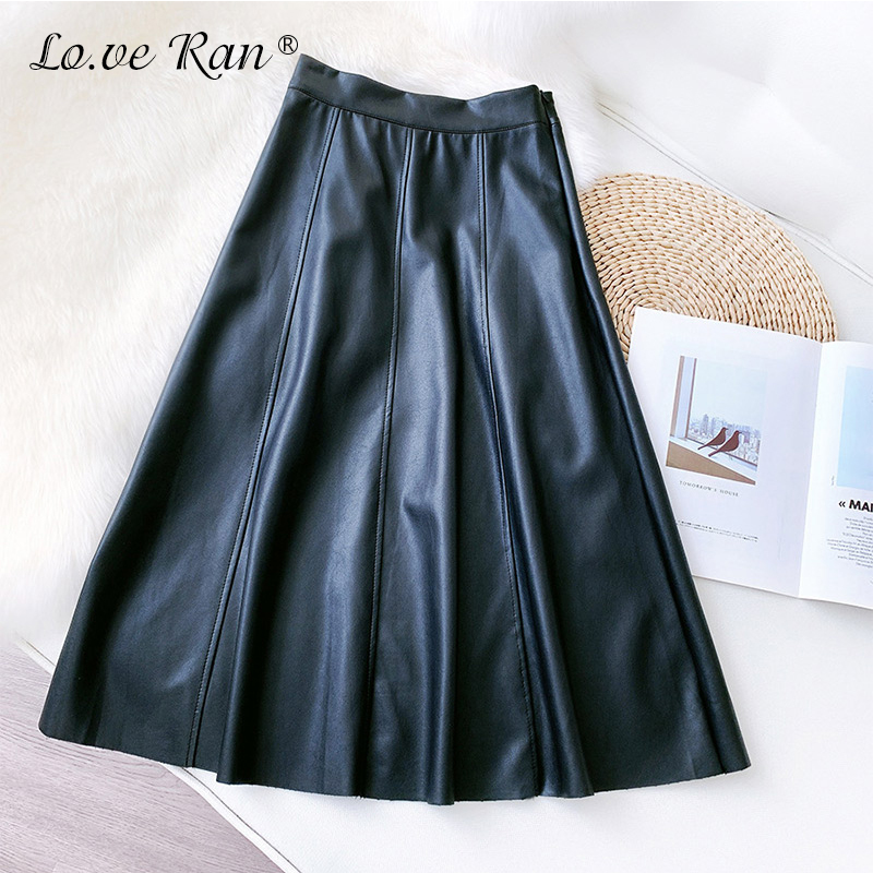 Autumn Fleece PU Leather Skirts Women Elegant High Waist ALine Patchwork Midi Skirt Female Winter Office Lady Bottoms 210306