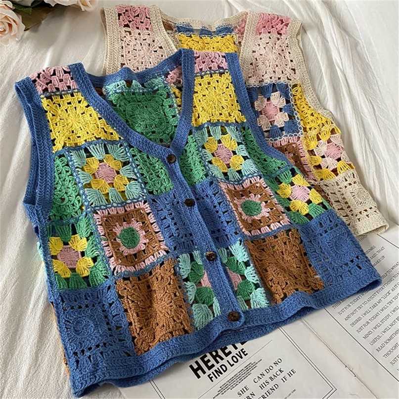 Bohemian Floral Embroidery Crochet Vest Women Sleeveless Waistcoat Summer Knit Vests Crop Top Vintage Chaleco Mujer 211120