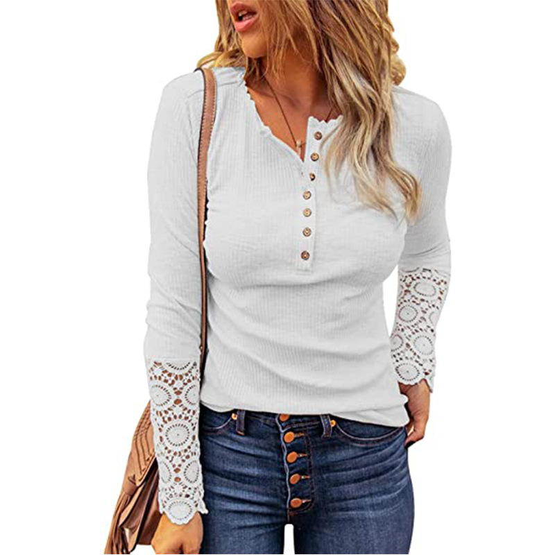 Women's Tops Tees 2021 European and American new style round neck stitching lace sleeve loose solid color long-sleeved T-shirt