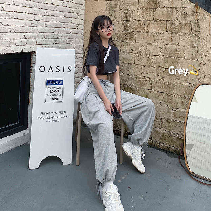 MINGLIUSILI Gray Jogger Summer Korean Fashion Sweatpants High Waist Solid Color Streetwear Loose Casual Pants 211124Z