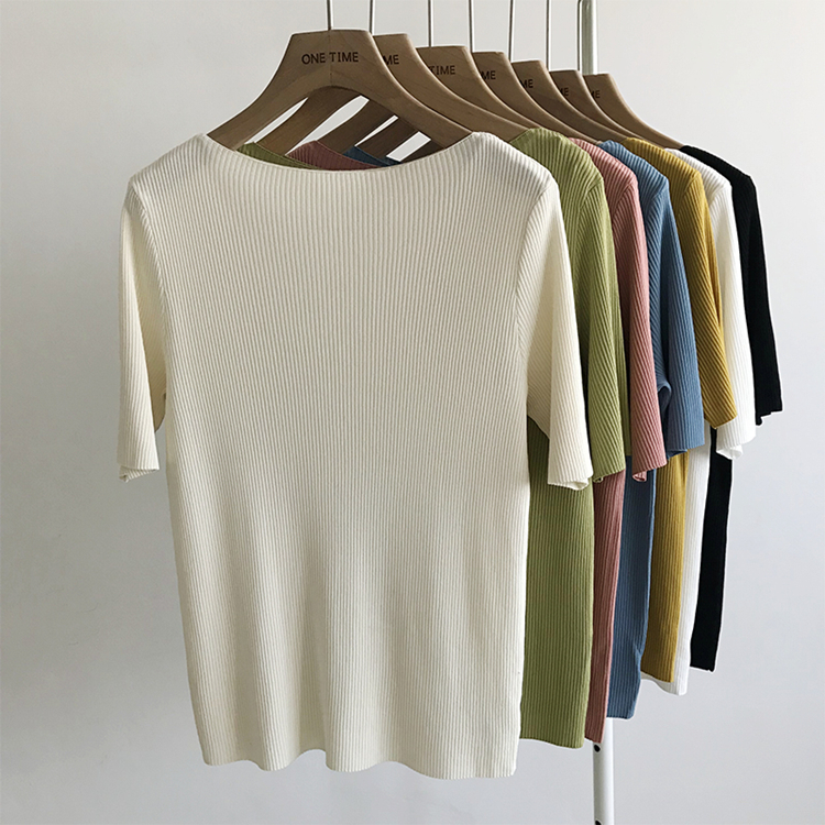 Colorfaith New Women Summer T-Shirts Solid Multi 6 Colors Bottoming Casual Slash Neck Knitting Elasticity Wild Tops T1608 210306