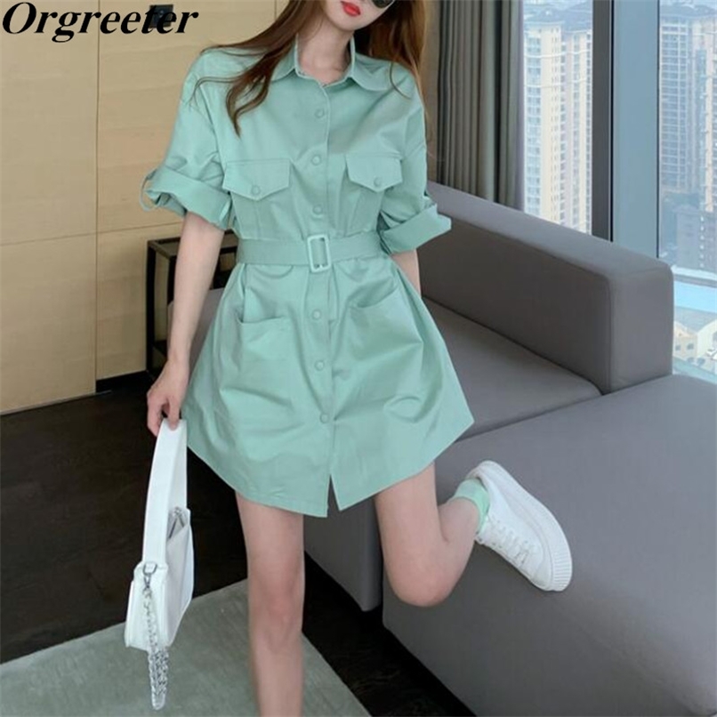 Green/Purple/White Shirt Dress Women Summer Safari style Short-sleeved Single-breasted With Belt Loose Short 210602
Green/Purple/White Shirt Dress Women Summer Safari style Short-sleeved Single-breasted With Belt Loose Short 210602
