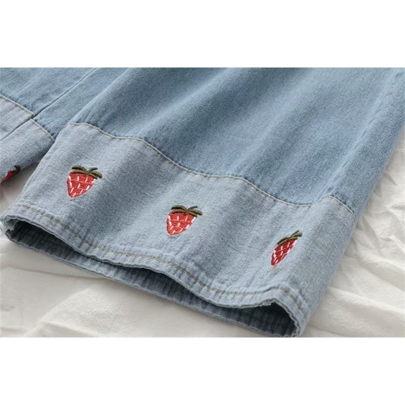 Merry Pretty Harajuku Women 2 piece Set Cotton Sweet Sweatshirt Peach Embroidery White Hoodies and strawberry denim pants sets 201212