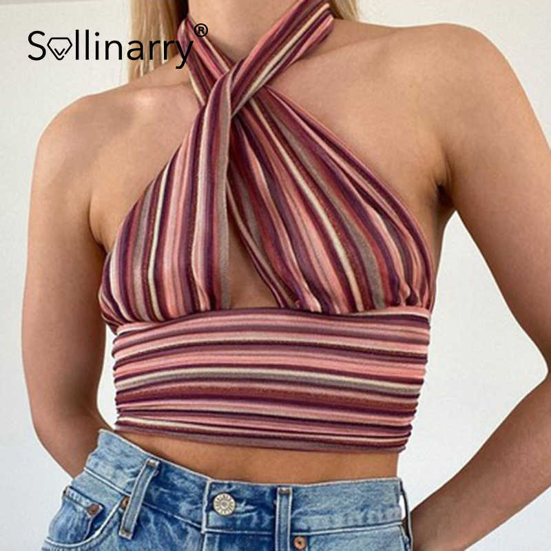 Sollinarry Party striped slim women vest fashion Y2K sexy bandage halter crop top hollow out High street night club camis summer 210709