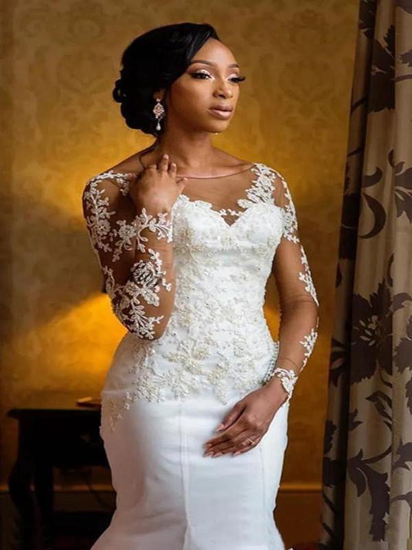 Mermaid Wedding Dresses Bridal Gown With Long Sleeves Lace Applique Beaded Custom Made Plus Size Corset Back Vestidos De Novia