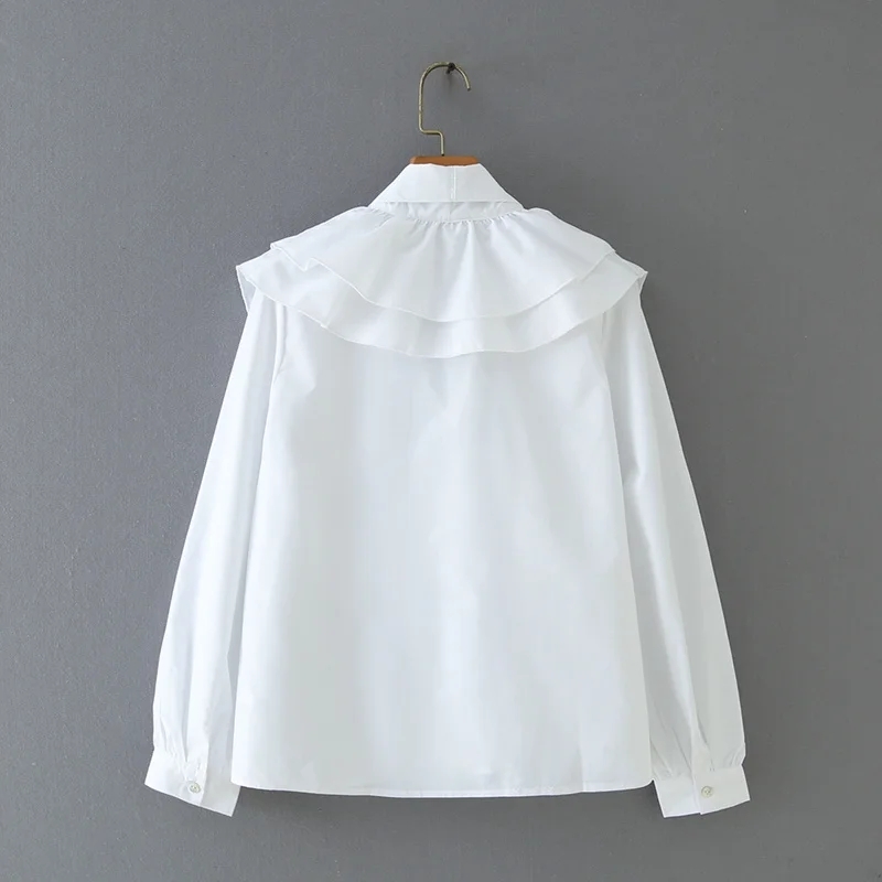 Women Cascading Ruffle V-Neck Bow Tie White Shirt Smock Femme Long Sleeve Blouse Casual Lady Loose Tops Blusas S8089 210225