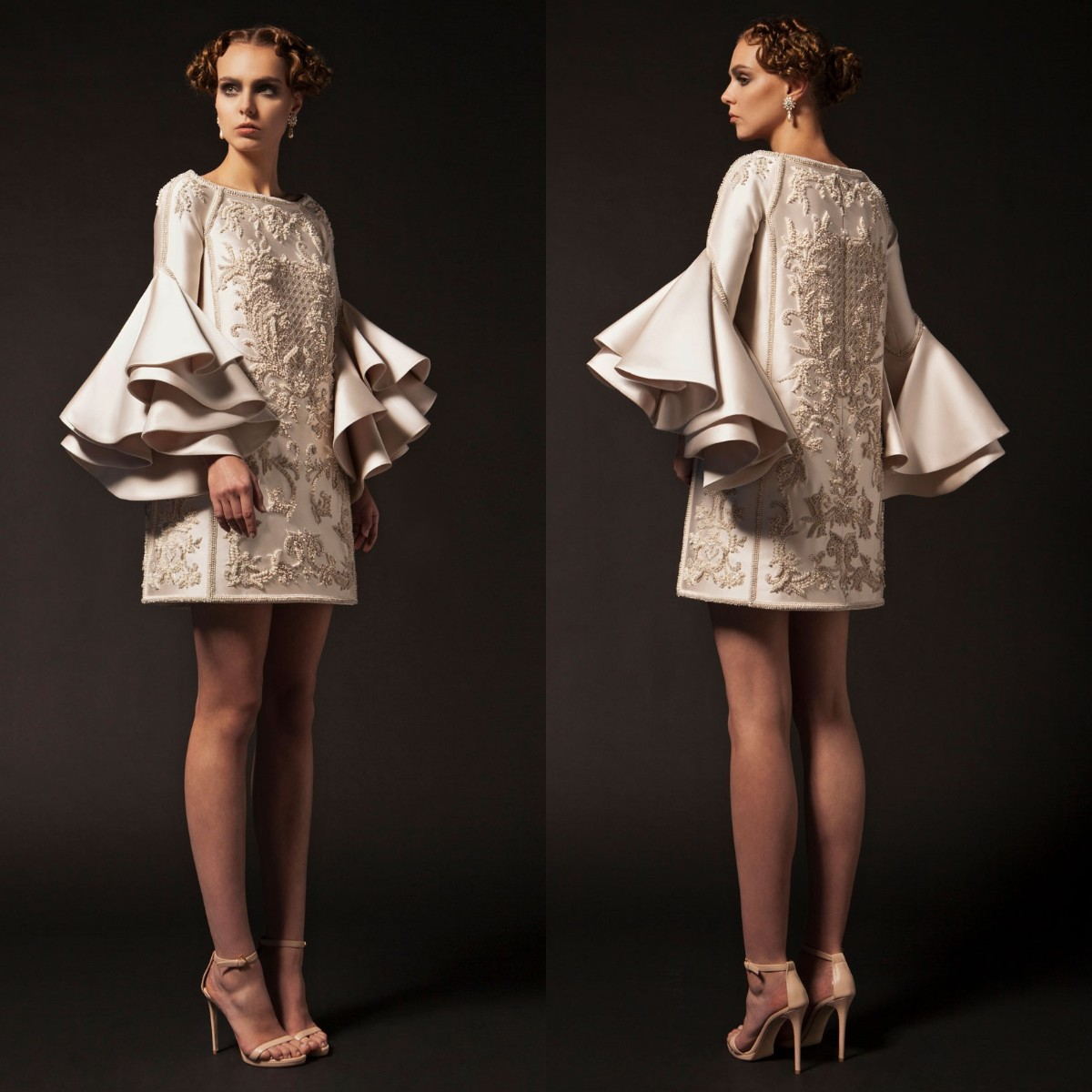 Vintage Krikor Jabotian Short Prom Dresses Special Ruffles Long Sleeve Cocktail Party Gowns Tiered Lace Beads Evening Dress