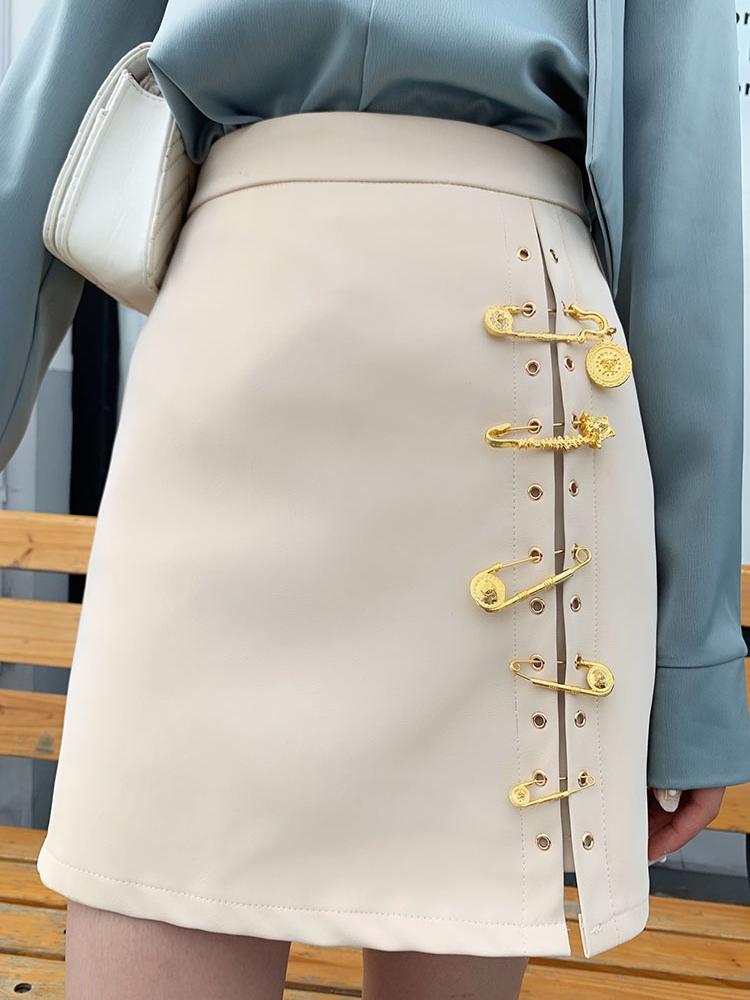 Patchwork Pins Asymmetrical Women's Skirts High Waist PU Leather Casual Mini Skirt For Female Fashion Clothing 210309