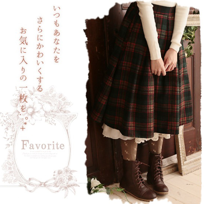 Japanese Mori Girl Spring Vintage Plaid Skirt Women Clothing Retro Mid Calf Harajuku Elastic Waist Female Lovely Skirts V052 210309