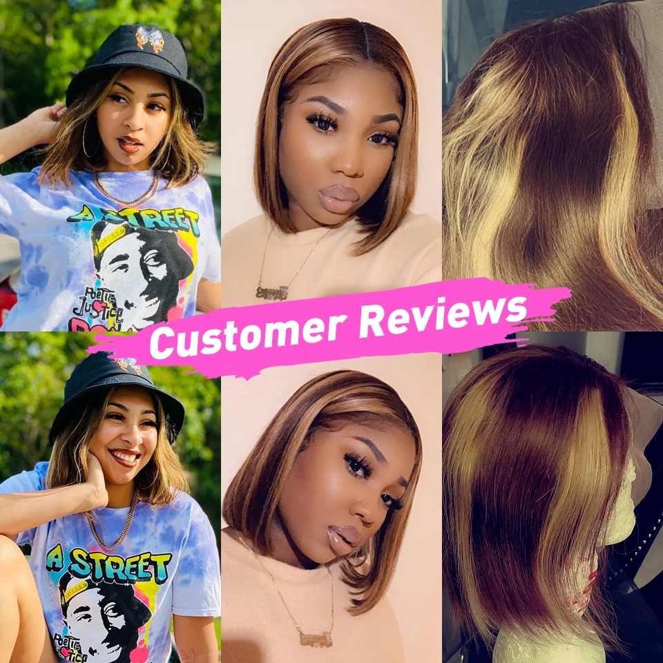 Brown Highlight blonde Human Hair bob HD Transparent Lace Wig For Women Short Bobs Straight Front Wigs 360 frontal Prepluck Hairline 150%density full 