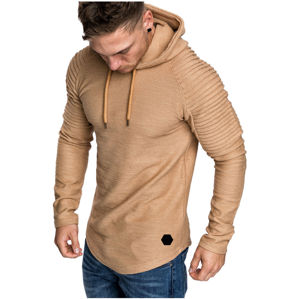 Trendy Mens Hoodies Solid Color Hooded Slim Sweatshirt Striped pleated raglan sleeves Male Streetwear Casual sweatshirt Coat 201127