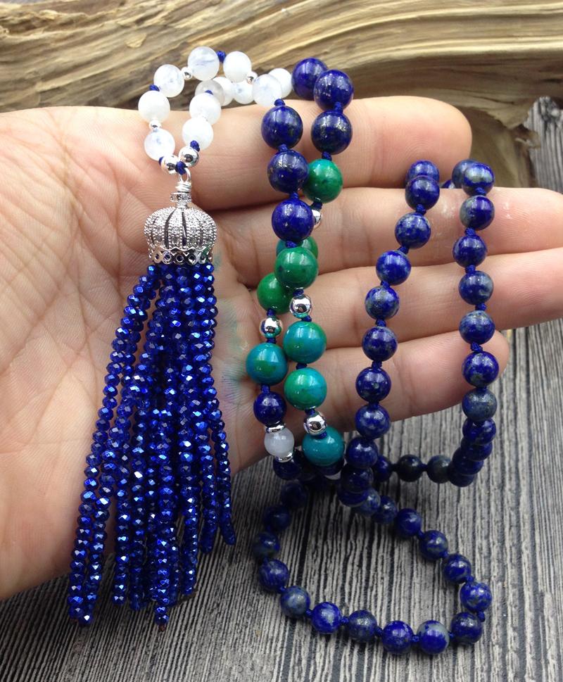 Pendant Necklaces YA2745 108 Mala Beads Necklace Blue Crystal Tassel Gold Crown Lapis Stone Knot Handmade
Pendant Necklaces YA2745 108 Mala Beads Necklace Blue Crystal Tassel Gold Crown Lapis Stone Knot Handmade