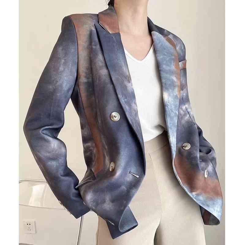 Elegant Women Tie-Dye Print Blazers Fashion Ladies Notched Collar Jackets Streetwear Female Chic Double Breasted Coats 210527
