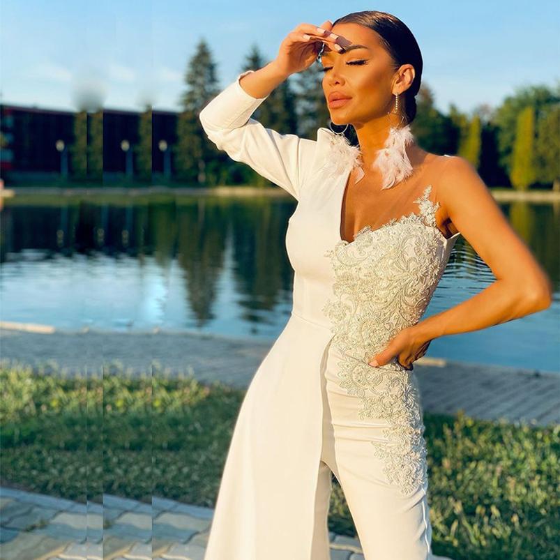 Customized Jumpsuits Evening Dresses V Neck Long Sleeves Appliques Lace Prom Dress Bridal Gowns With Pantsuits Vestidos De Novia