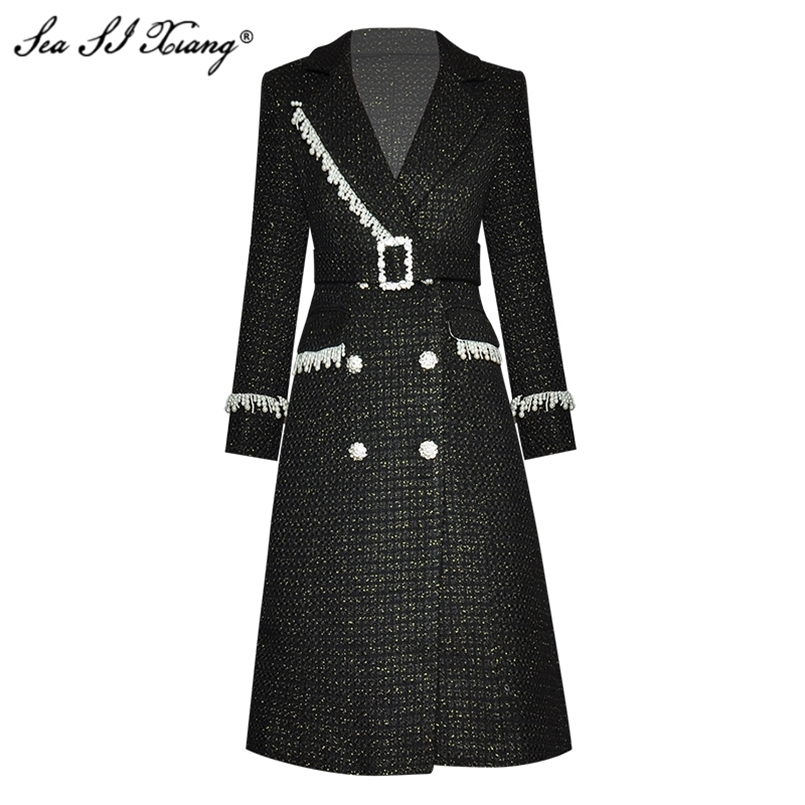 Seasixian Fashion Designer Autumn Winter Wool Blend Outwear Women Luxurious Crystal Double Breasted Beading Long Sleeve Outwear 211110, Black 
Seasixian Fashion Designer Autumn Winter Wool Blend Outwear Women Luxurious Crystal Double Breasted Beading Long Sleeve Outwear 211110, Black