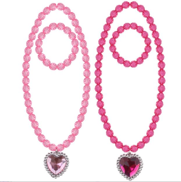 Beads Necklace and Bracelet Set for Kids Girls Jewelry with Crystal Heart Pendant Dress Up Pretend Play Party Favor Pink Blue Purple