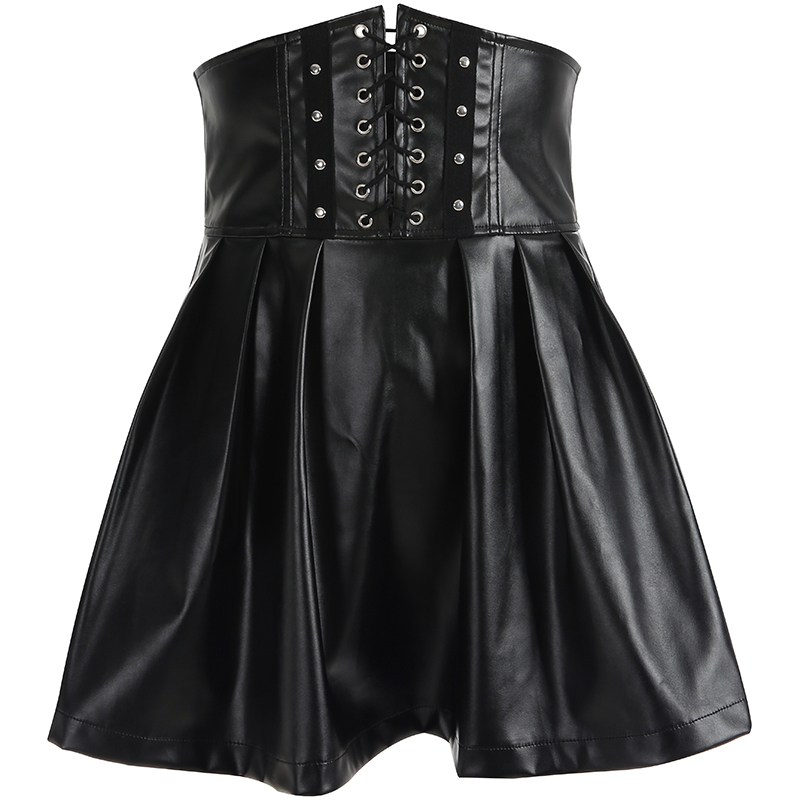 SUCHCUTE Women's Skirts Gothic Harajuku Bandage Faux Leather Korean Fashion Black Mini Pleated Skirts Summer Party Pu Saias 210309