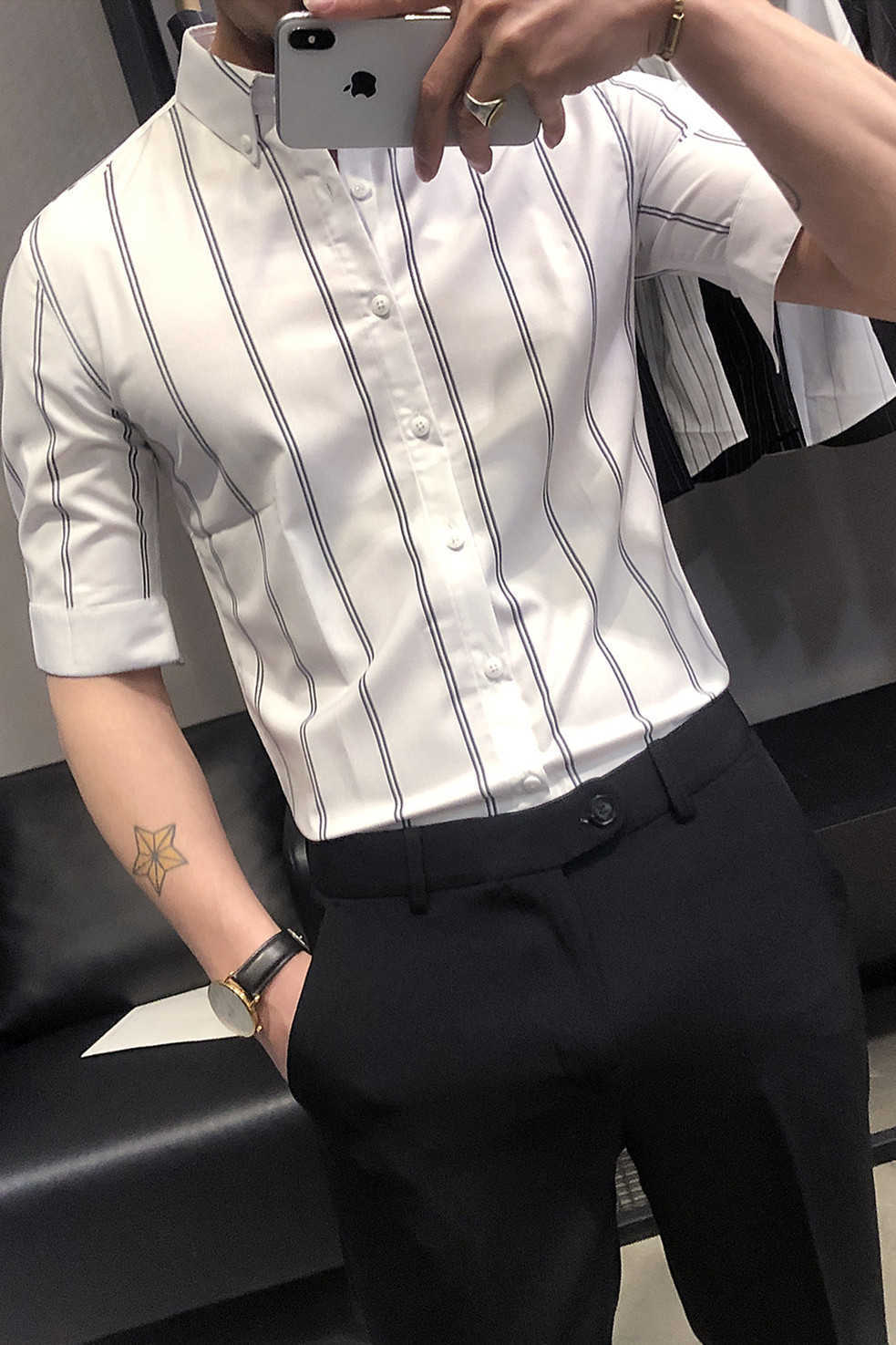 Summer Striped Shirts Men 3/4 Sleeve Business Dress Shirts Slim Fit Casual Office Shirt Social Streetwear Male Clothing Camisas 210527