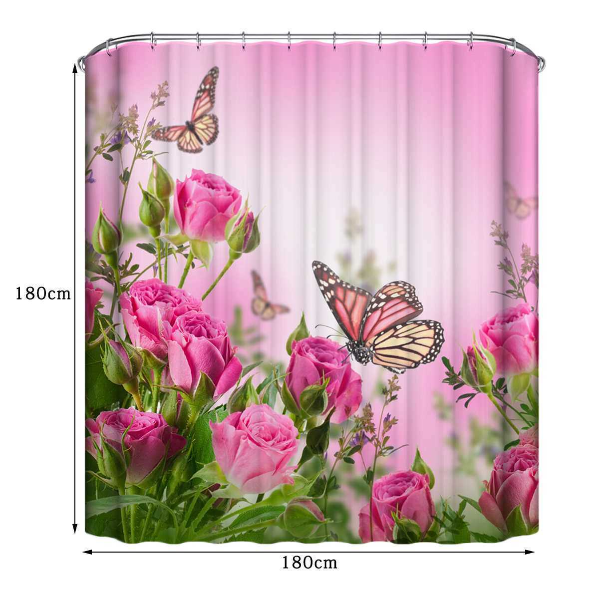 Flower Butterfly Printed Shower Curtains Bathroom Curtain Pink Rose Bathroom Set Toilet Seat Cover Rugs Non-slip Bath Mat 210609
