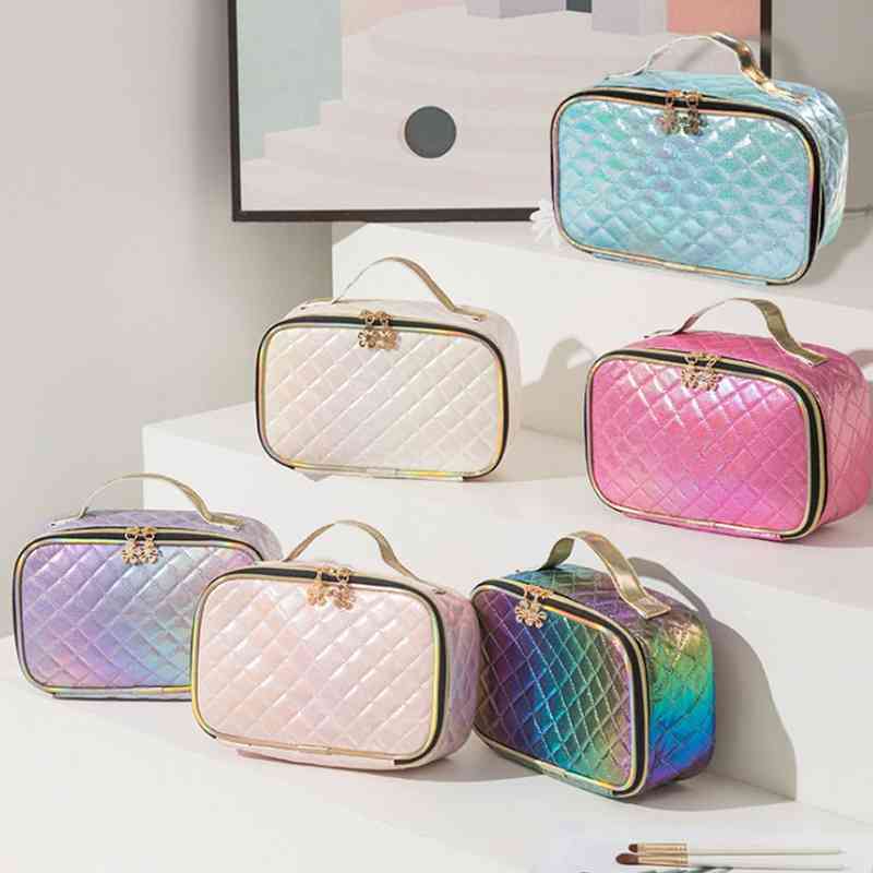 Portable Pu diamond lattice magic laser wash women's cosmetic storage bag, White
Portable Pu diamond lattice magic laser wash women's cosmetic storage bag, White