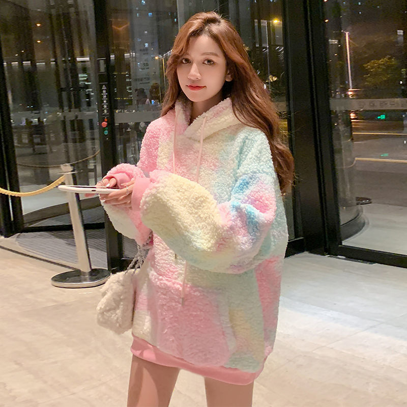VmewSher New Tie Dye Oversized Women Hoodie Faux Fur Lamb Colorful Kawaii Loose Streetwear Sweatshirts Hooded Casual Pullovers 201217
