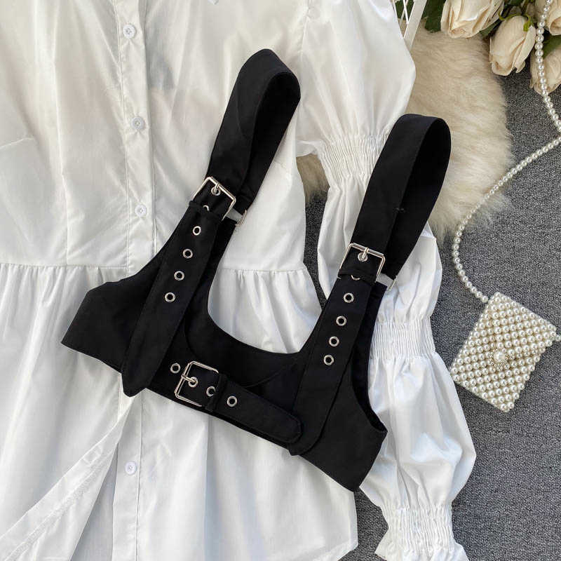 Chic Women Fashion White Long Sleeve Lapel Shirt + High Waist Vest Two-piece Sets R653 210527