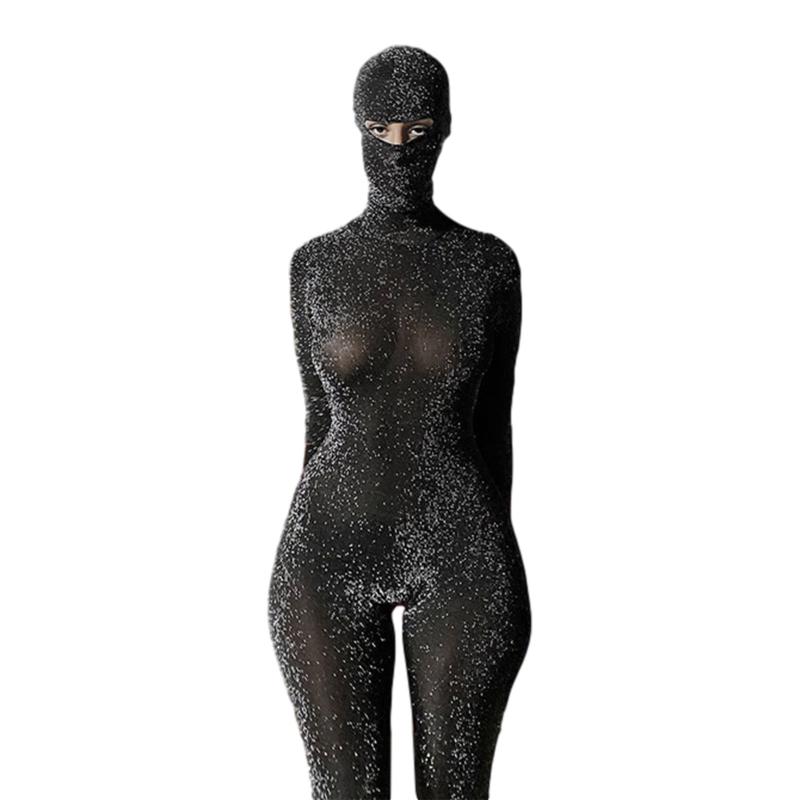 Fashion Women Sparkling Tight Jumpsuits with Balaclava Hood Mask, Sexy Open Back Sequin Long Romper Playsuits