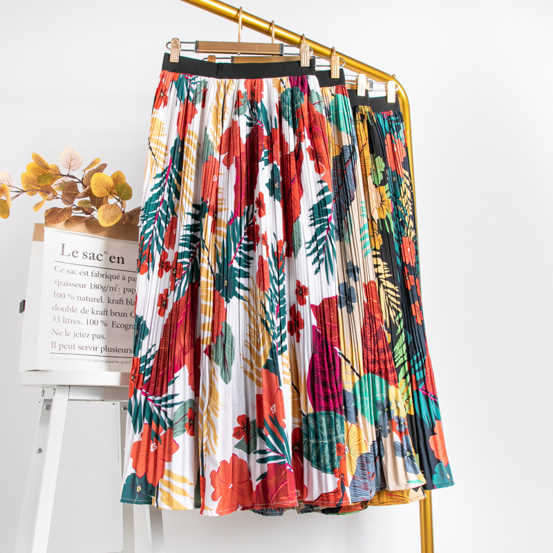 SURMIITRO Floral Print Chiffon Maxi Skirt Women With High Waist Spring Summer Ladies Red Black Long Pleated Skirt Female 210306