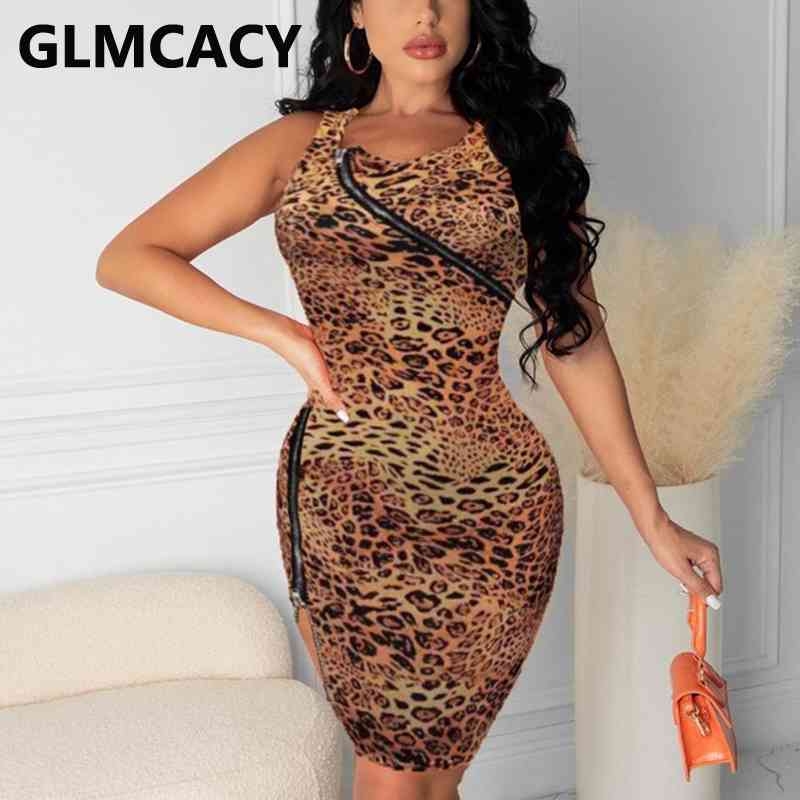 Zipper Detail Leopard Bodycon Sleeveless Mini Dress 210702