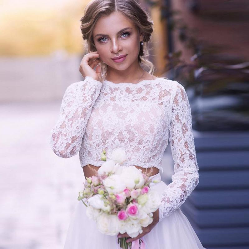 Dresses Lace Sleeves Long Two Piece 2021 Tulle Scalloped Necke or Length Country Beach Wedding Bridal Gown Vestido De Novia