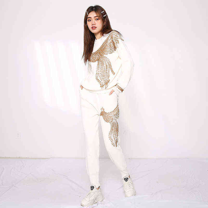 [EAM] Wide Leg Pants Knitting Two Piece Suit Round Neck Long Sleeve Loose Fit Women Fashion Autumn Winter 3AC224 211116