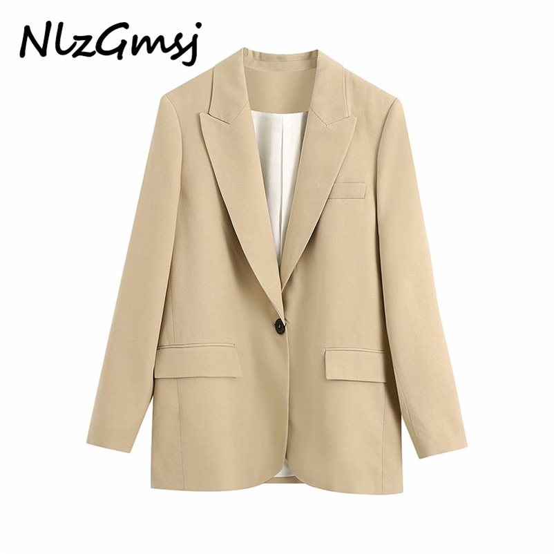 Women Fashion Office Wear Loose Fitting Blazer Coat Vintage Long Sleeve Pockets Female Outerwear Chic Tops 210628, Khaki 
Women Fashion Office Wear Loose Fitting Blazer Coat Vintage Long Sleeve Pockets Female Outerwear Chic Tops 210628, Khaki