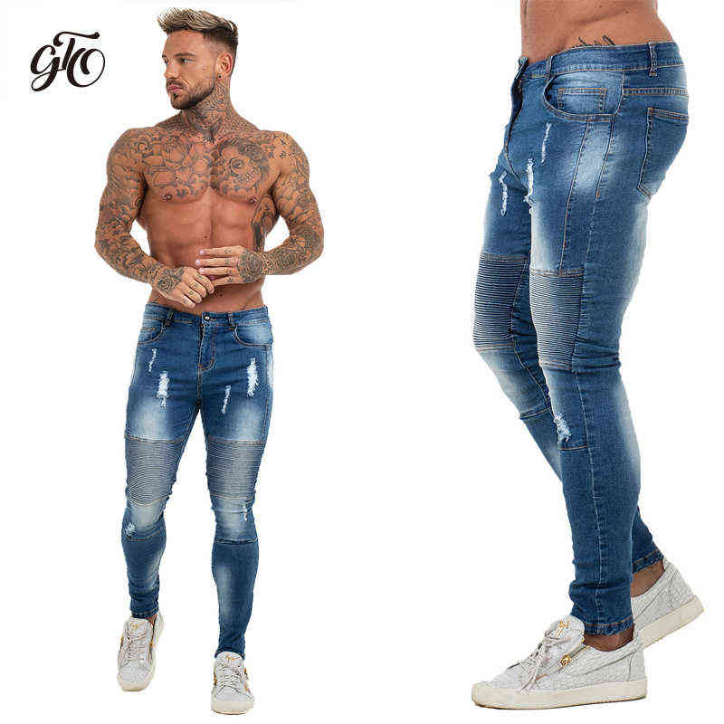 GINGTTO Jeans for Men Pants Elastic Waist Skinny Mens Stretch Ripped Streetwear Denim Blue 211111