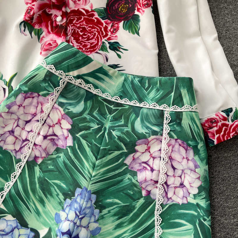 DEAT Women Tprinting Shorts Arrivals Lapel Long Sleeve Two Piece Set Fashion Temperament Spring Summer 11D59109M 210709