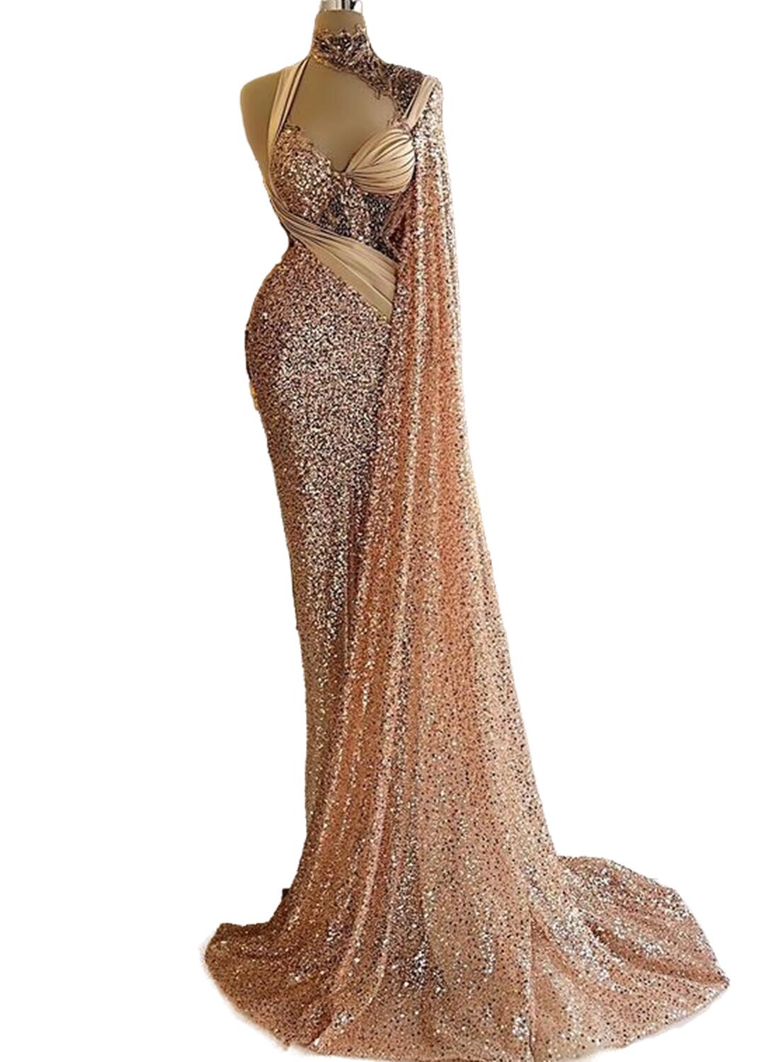 2022 Plus Size Arabic Aso Ebi Gold Mermaid Sparkly Prom Dresses Beaded High Neck Evening Formal Party Second Reception Gowns Dress ZJ11