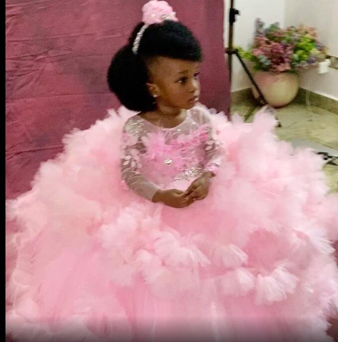 luxurious pink flower girl dresses sheer neck feather little girl wedding dresses cheap communion pageant dresses gowns zj737