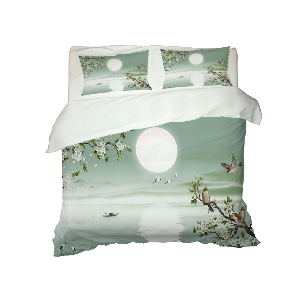 Single Full Double Bed Linen Flat Sheet fresh green moon bedding set 3D Bedding Sets
