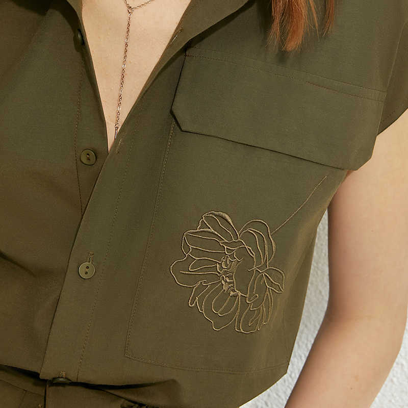 Minimalism Spring Summer Flower Embroidery Women Shirt Tops Caual Lapel Single-breasted Belt Female 12070219 210527