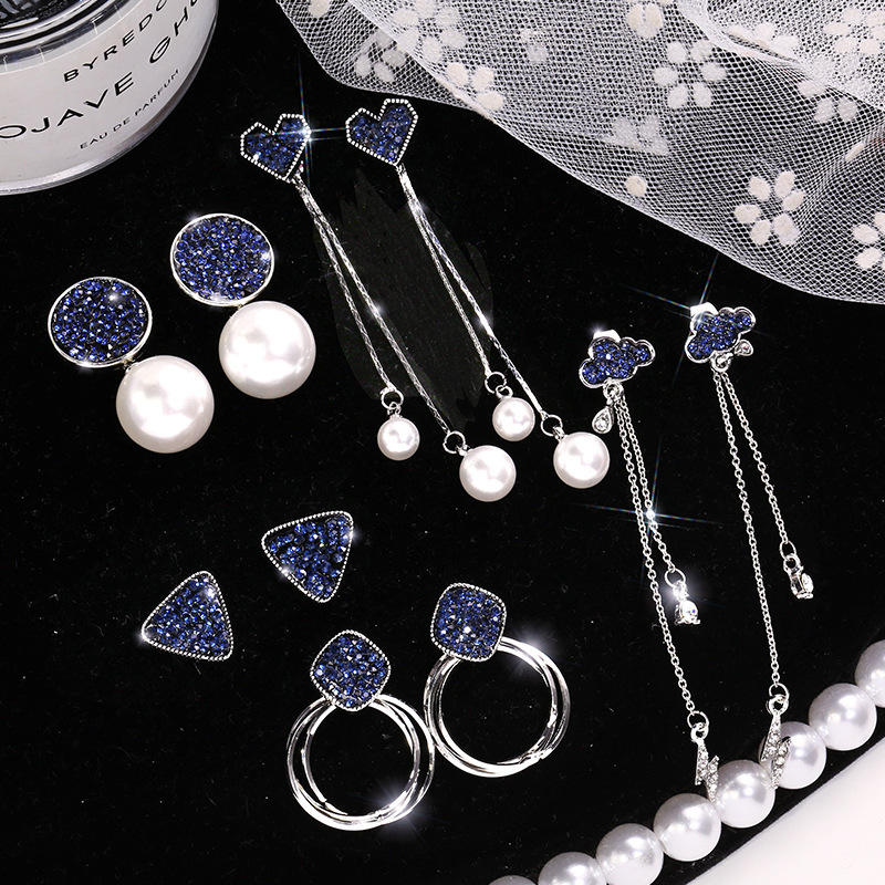 Korean Peach Heart Long Earrings Women's Fashion Temperament Full of Diamond Clouds Geometric Pearl Tassel