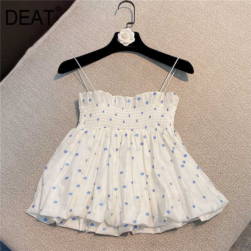 DEAT Women Printing Pleated Ruffles Sling Slim Camis Arrivals Sexy Fashion Temperament Spring Summer 11D439 210709