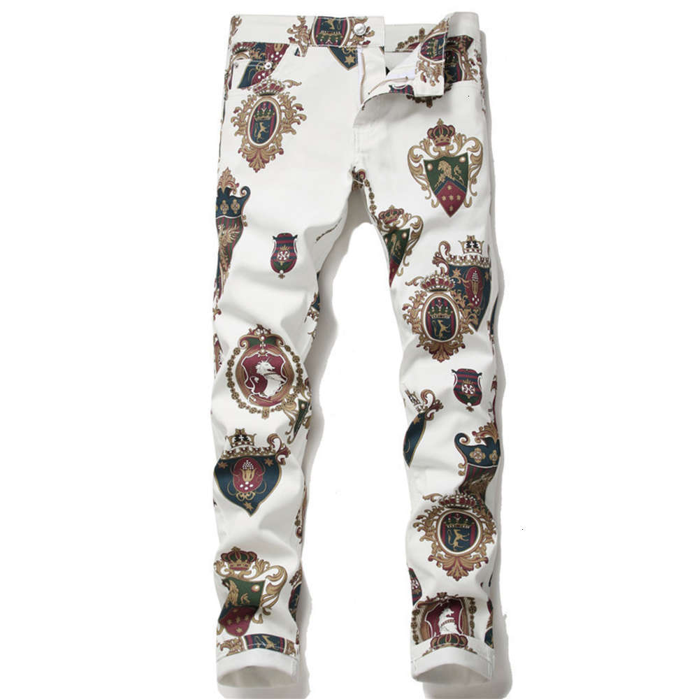 New European in spring summer: white personalized printed jeans men's fashion brand and slim casual pants, Blue
New European in spring summer: white personalized printed jeans men's fashion brand and slim casual pants, Blue