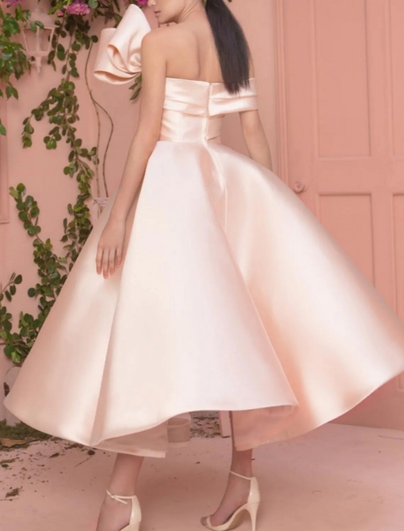 2022 Elegant Pink A-line Evening Prom Dress Ankle Length Off Shoulder Satin Formal Party Gown Birthday Vestidos Fiesta Robe De Soiree