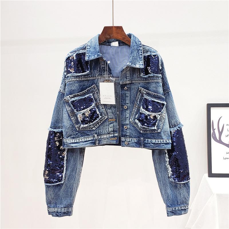Women's Jackets Spring Autumn Lapel Batwing Sleeve Single Breasted Sequins Short Loose Denim Jacket Fashion Coat Women Y1128, Black;brown
Women's Jackets Spring Autumn Lapel Batwing Sleeve Single Breasted Sequins Short Loose Denim Jacket Fashion Coat Women Y1128, Black;brown