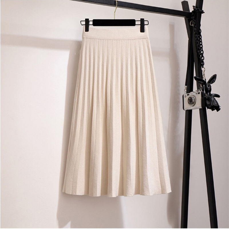 SURMIITRO Knitted Midi Pleated Skirt Women For Autumn Winter 2021 Korean Ladies High Waist White Black Pleated Skirt Female 210309