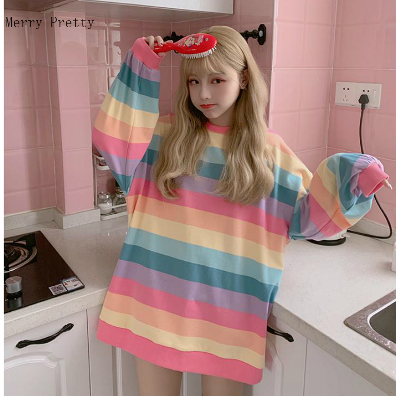Pink Rainbow Striped Oversize 2xl T Shirts For Women Summer Long Sleeve O-neck T Shirt Korean Style Ladies Tops Tees 210302