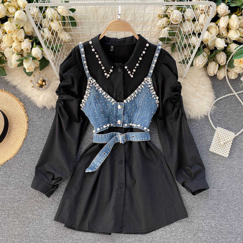 Women Fashion Lapel Beaded Long Sleeve White Shirt + Chic Sleeveless Vest Two-piece Sets R525 210527